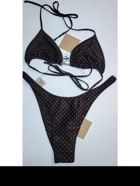 SAME Los Angeles Swim Bikini SeT Beaded Triangle Top and Bottom Polka Dot 90 XL